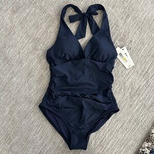 DKNY Dark Blue Halter One Piece Swimsuit